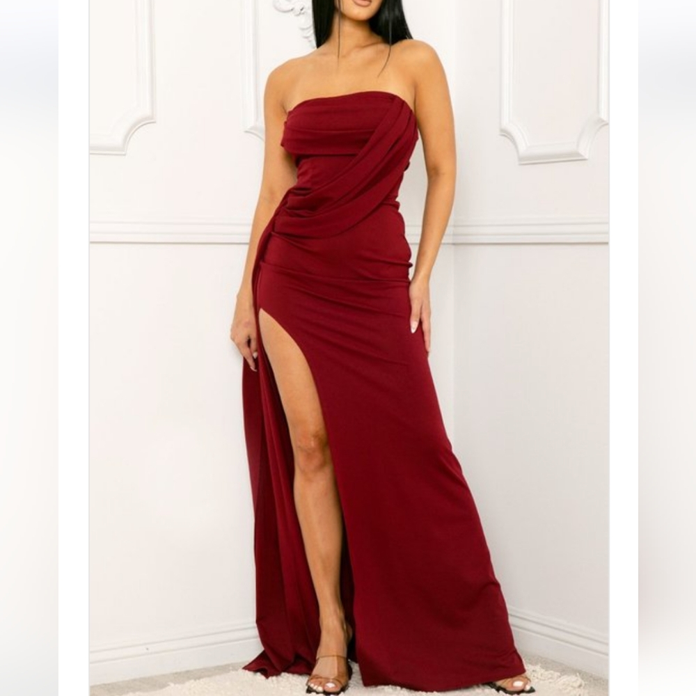 New, Draped pleated tube top, ruched flare bottom maxi dress with a zipper back.